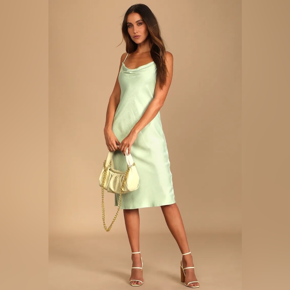 Lulus Mint open back cowl neck midi slip dress.